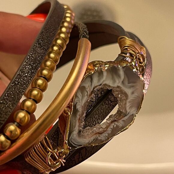 Saachi Optical Stacked Leather Boho Bracelet w/druzy smoky quartz magnetic - Picture 4 of 14